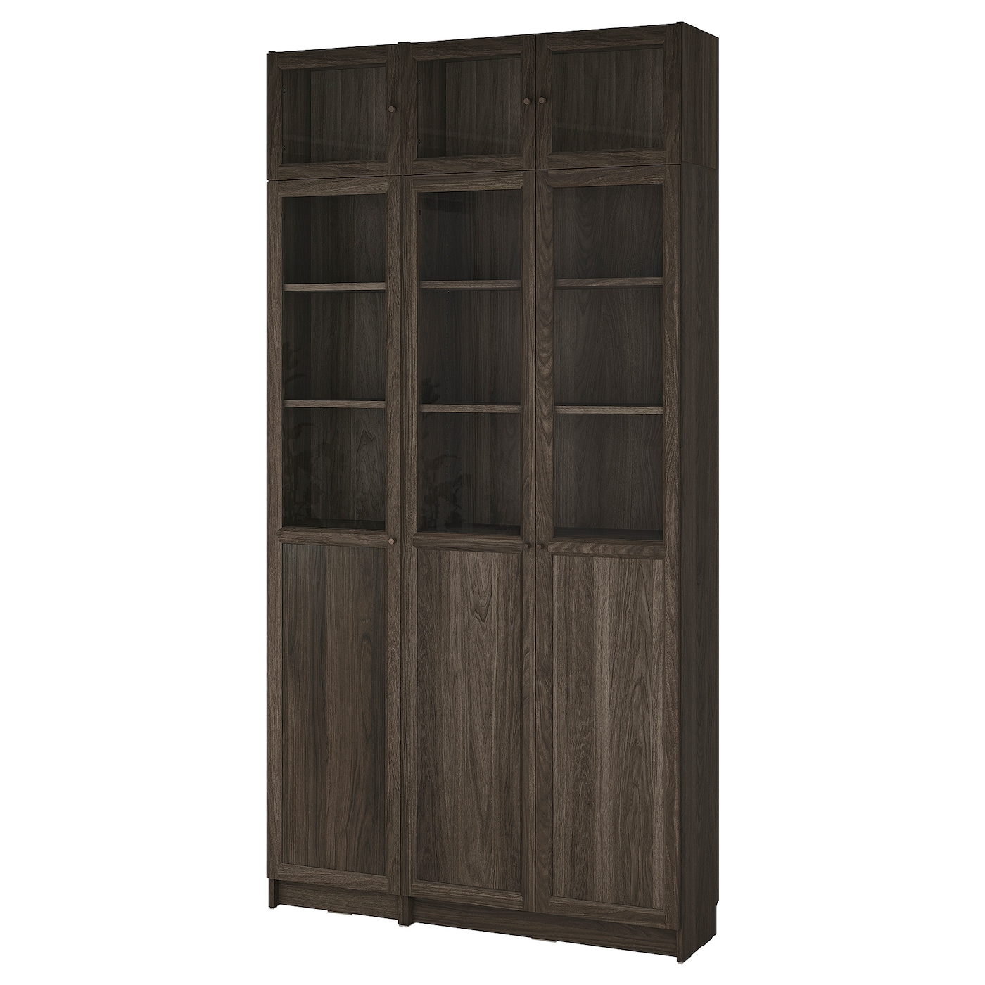 IKEA BILLY / OXBERG reg na książki z nadst/drz pan/szkl, ciemnobrązowy imit. dębu/szkło bezbarwne, 120x30x237 cm
