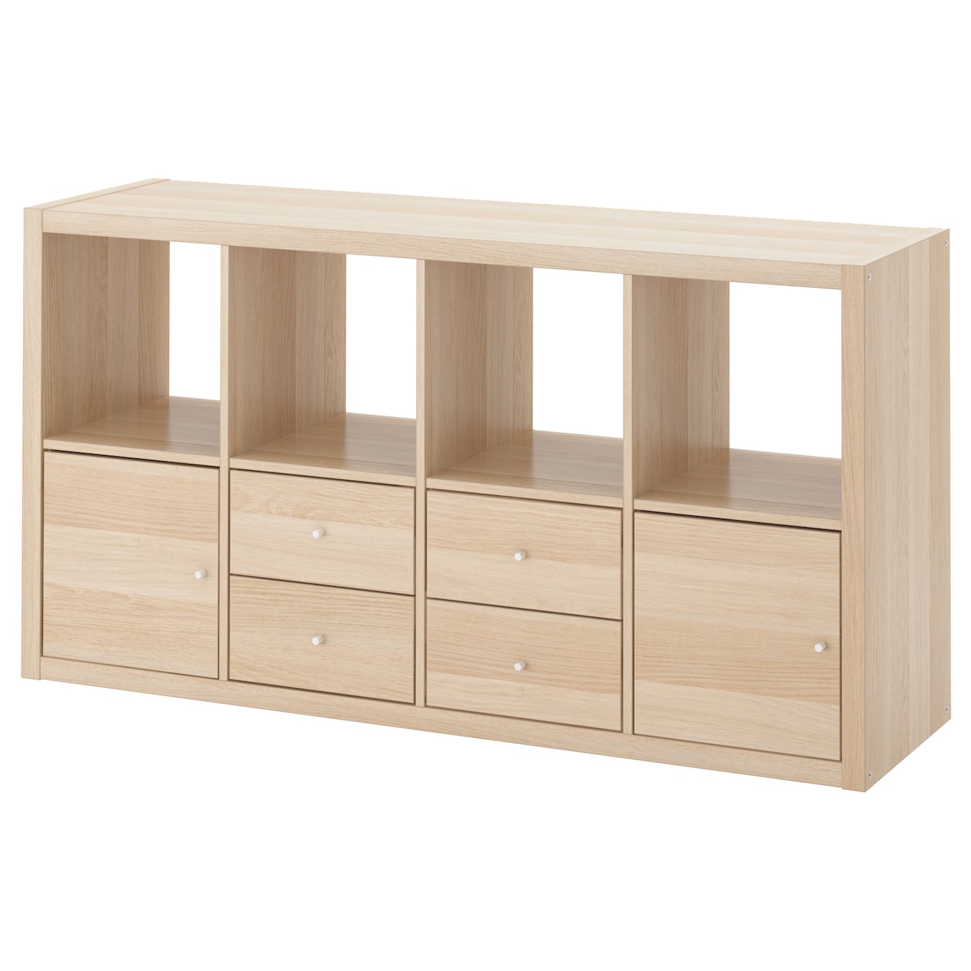 IKEA KALLAX regał z 4 wkładami, imitacja dębu bejcowanego na biało, 147x77 cm