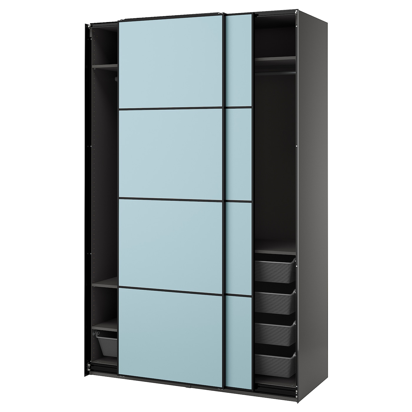 IKEA PAX / MEHAMN szafa z przesuwanymi drzwiami, ciemnoszary/2str jasnoniebieski, 150x66x236 cm