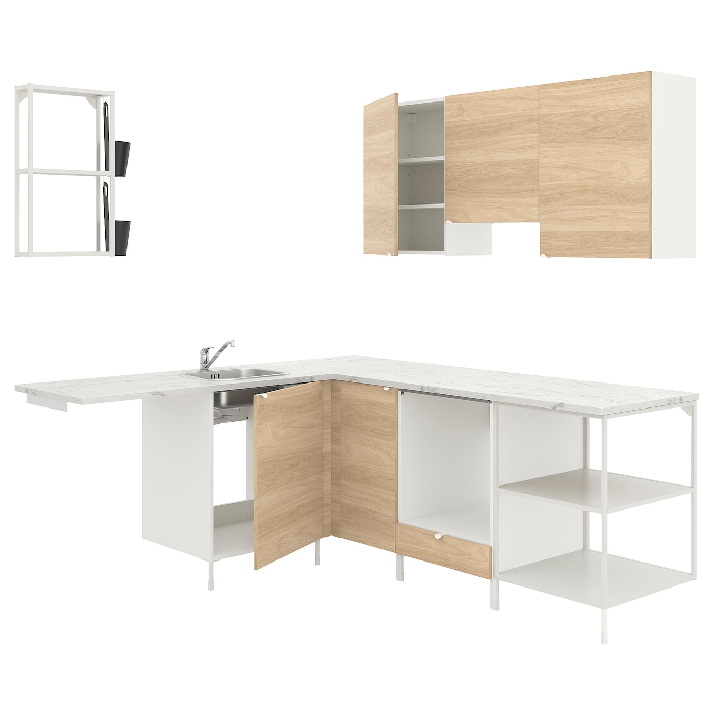 IKEA ENHET kuchnia narożna, biały/imit. dębu, Wysokość szafka wisząca: 75 cm