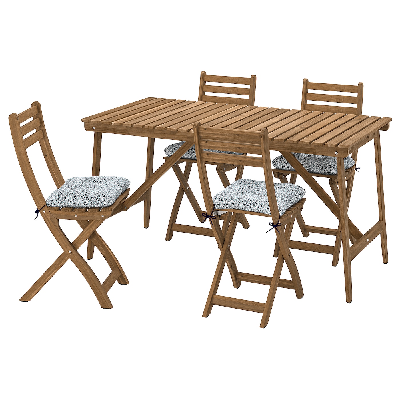 IKEA ASKHOLMEN stół+4 krzesła składane, ogrodowe, ciemnobrązowy/Klösan niebieski, 143x75 cm