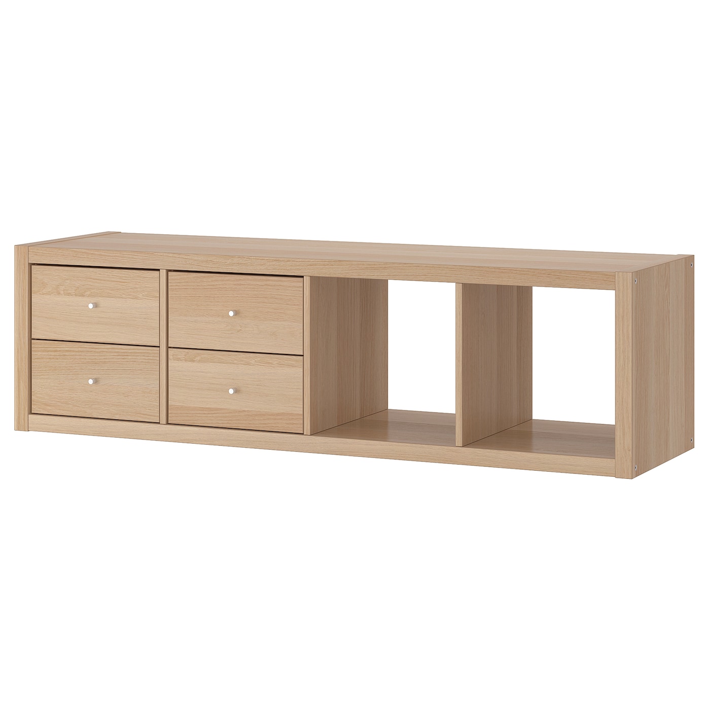 IKEA KALLAX regał/2 wkłady, z 4 szufladami/imitacja dębu bejcowanego na biało, 147x42 cm