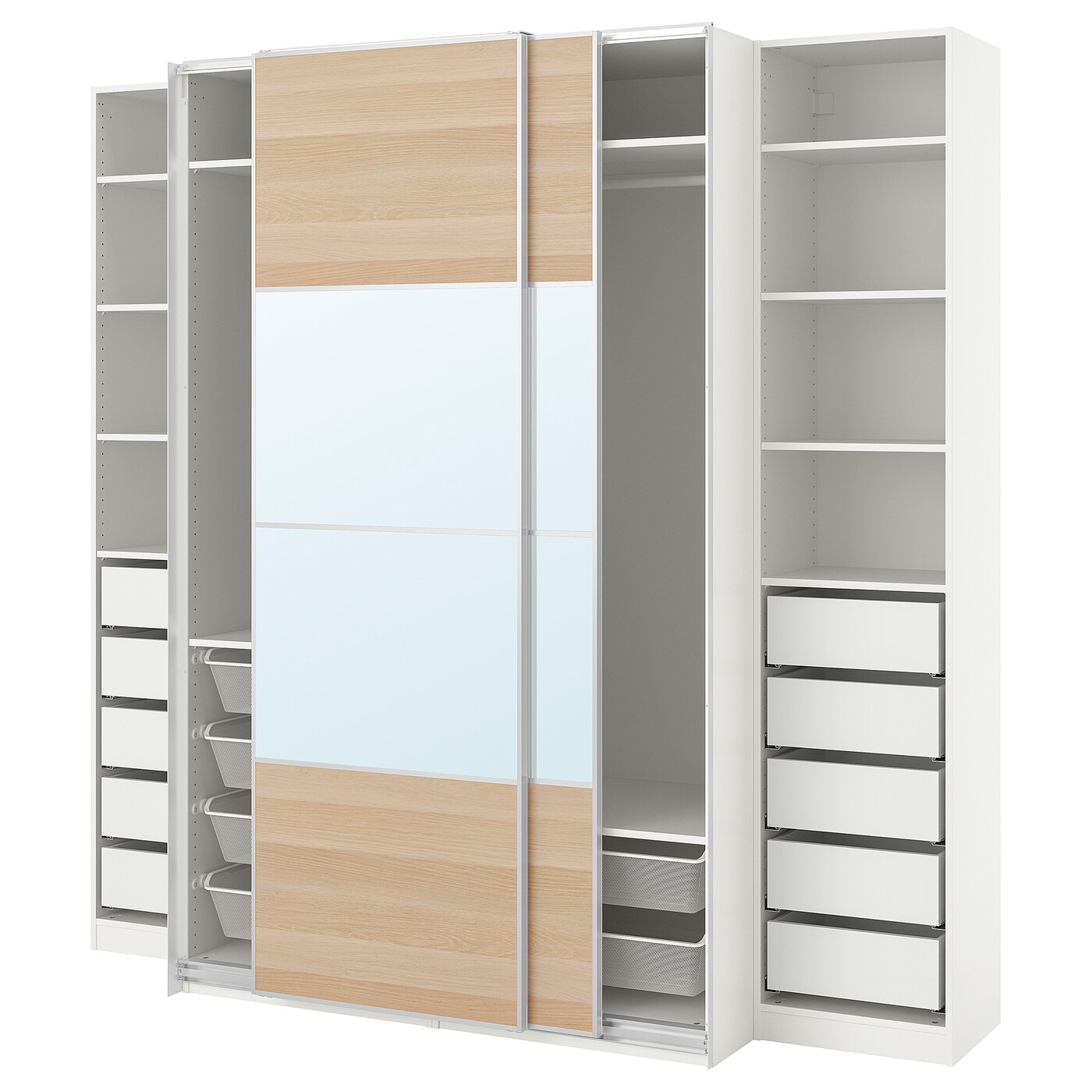 IKEA PAX / MEHAMN/AULI szafa z przesuwanymi drzwiami, biały 2str/imitacja dębu bejcowanego na biało lustro, 250x66x236 cm