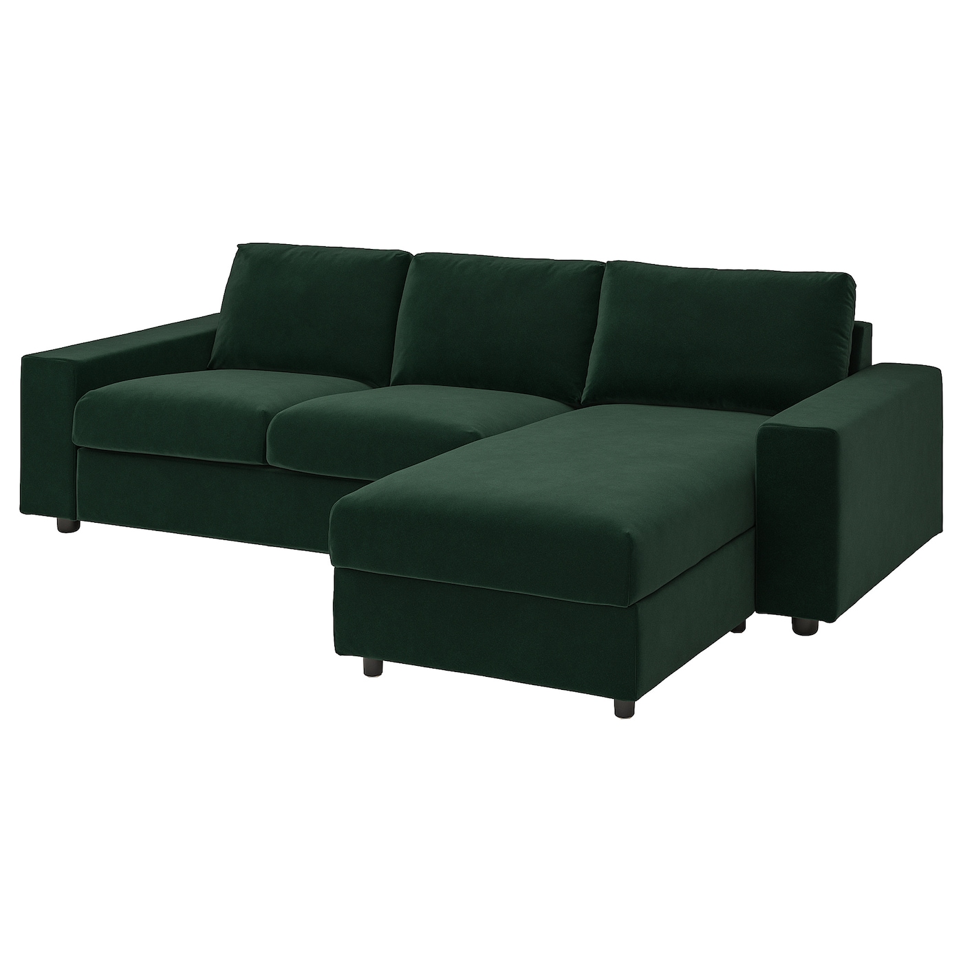 IKEA VIMLE sofa 3-osobowa z szezlongiem, z szerokimi podłokietnikami/Djuparp ciemnozielony, Wysokość z poduchami oparcia: 83 cm