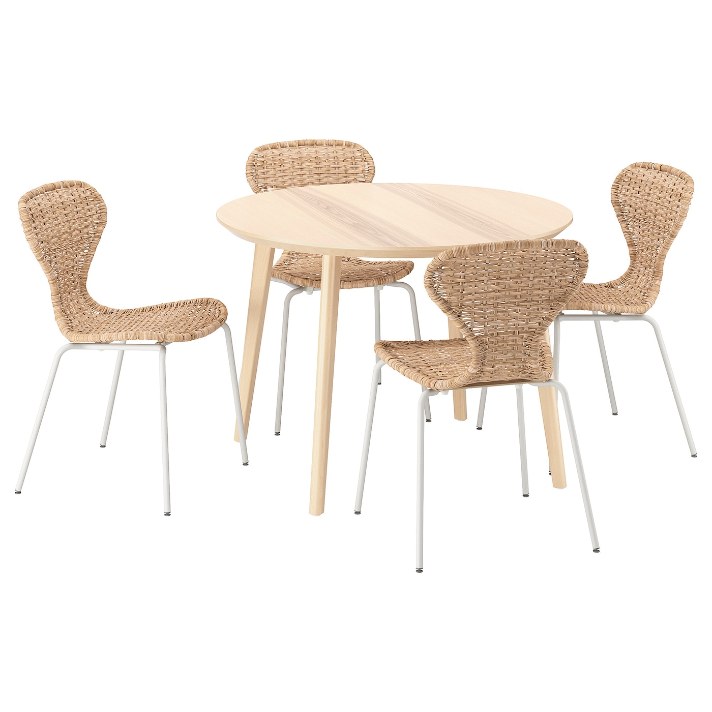 IKEA LISABO / ÄLVSTA stół i 4 krzesła, okleina jesionowa/rattan biały, 105 cm