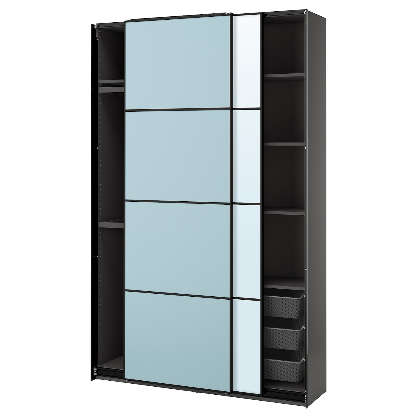 IKEA PAX / MEHAMN/AULI szafa z przesuwanymi drzwiami, ciemnoszary 2str/jasnoniebieski lustro, 150x43x236 cm