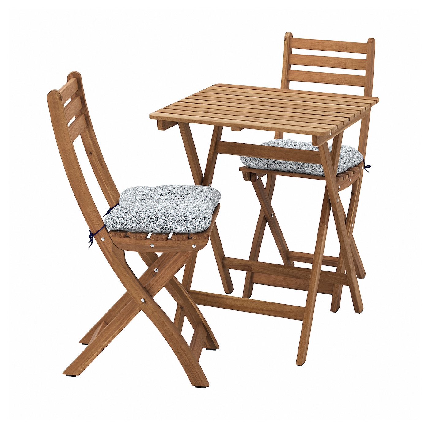 IKEA ASKHOLMEN stół+2 składane krzesła, na zewątrz, Askholmen ciemnobrązowy/Klösan niebieski, 60x62 cm