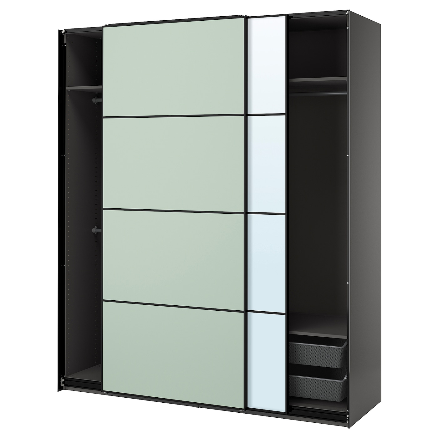 IKEA PAX / MEHAMN/AULI szafa z przesuwanymi drzwiami, ciemnoszary 2str/jasnozielony lustro, 200x66x236 cm