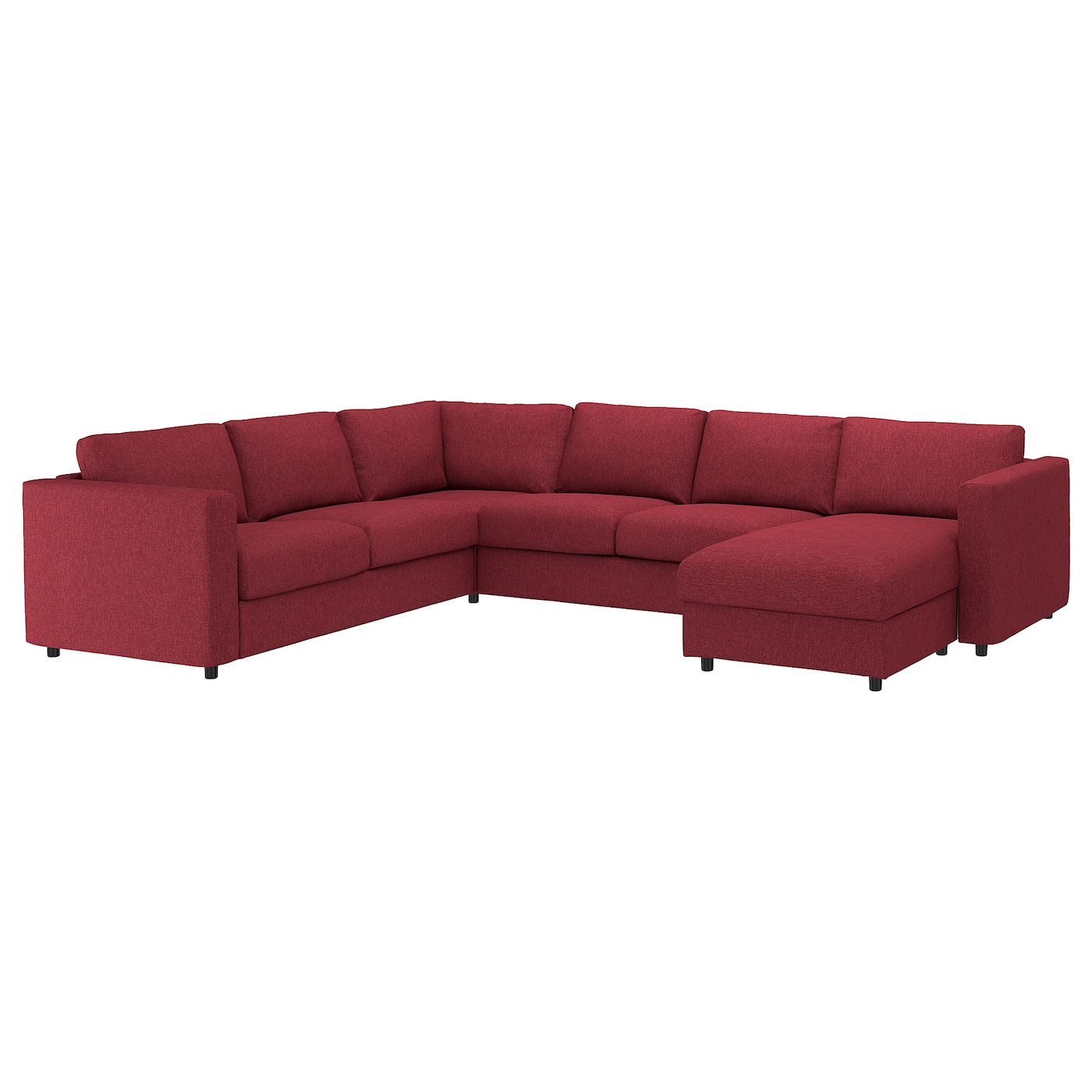IKEA VIMLE sofa narożna 5-osobowa, z szezlongiem/Lejde czerwony/brązowy, Wysokość z poduchami oparcia: 83 cm