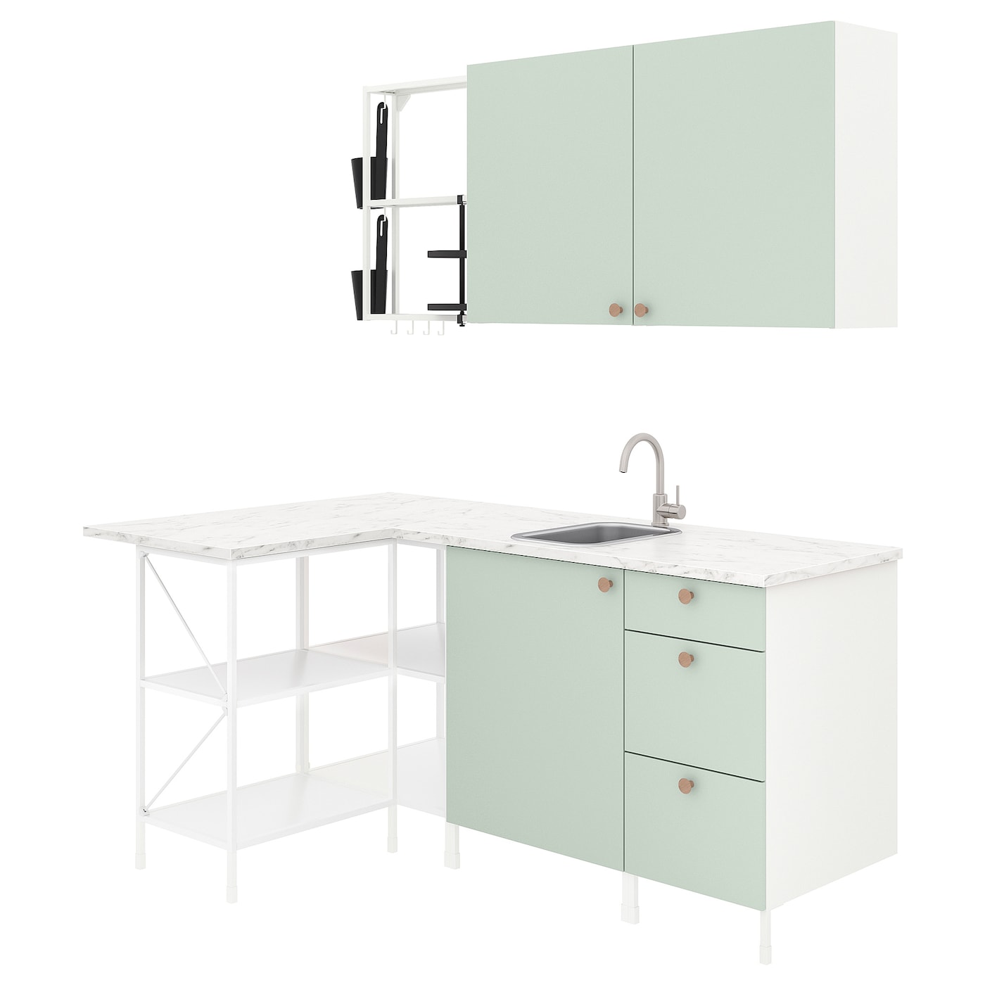 IKEA ENHET kuchnia narożna, biały/blady szarozielony, Wysokość szafka wisząca: 75 cm