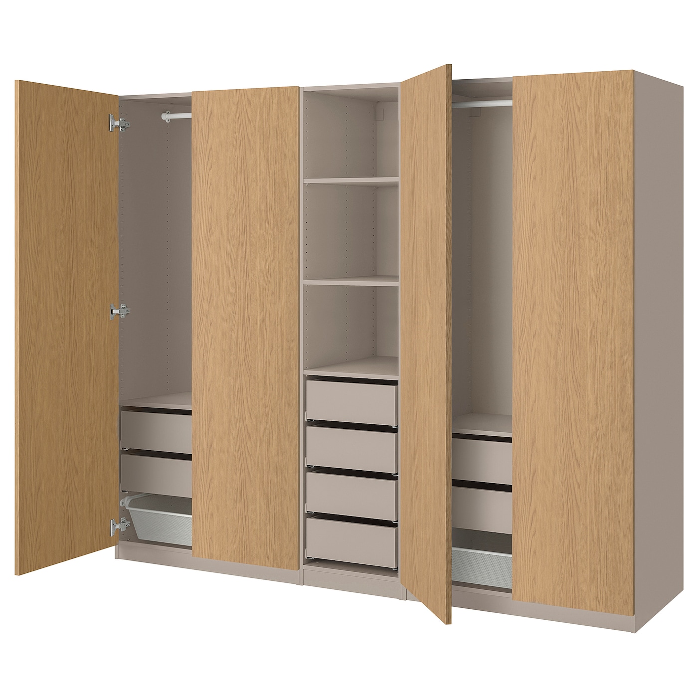 IKEA PAX / STORKLINTA kombinacja szafy, szarobeżowy/imit. dębu, 250x58x201 cm