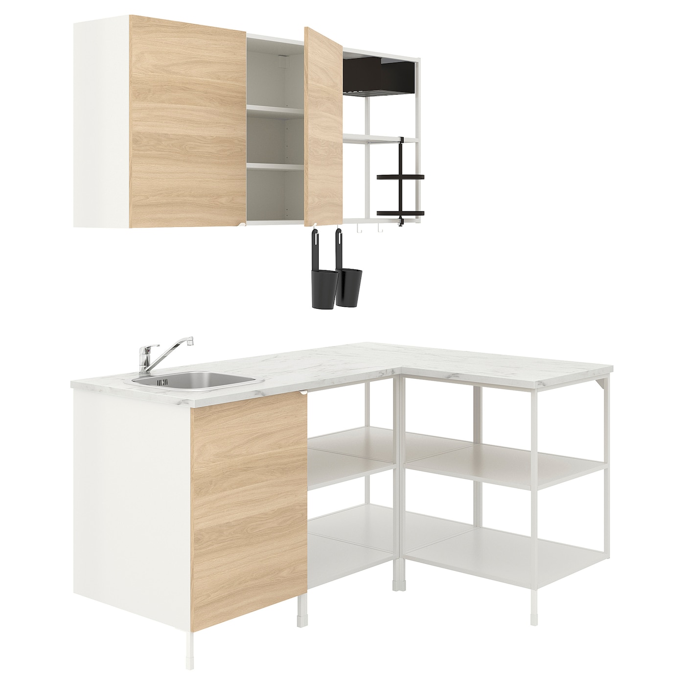 IKEA ENHET kuchnia narożna, biały/imit. dębu, Wysokość szafka wisząca: 75 cm