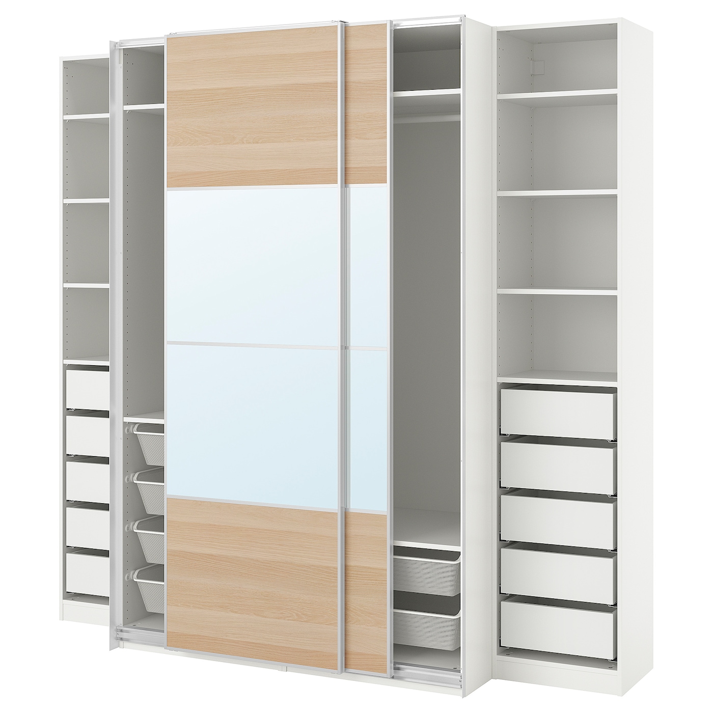 IKEA PAX / MEHAMN/AULI szafa z przesuwanymi drzwiami, biały 2str/imitacja dębu bejcowanego na biało lustro, 250x66x236 cm