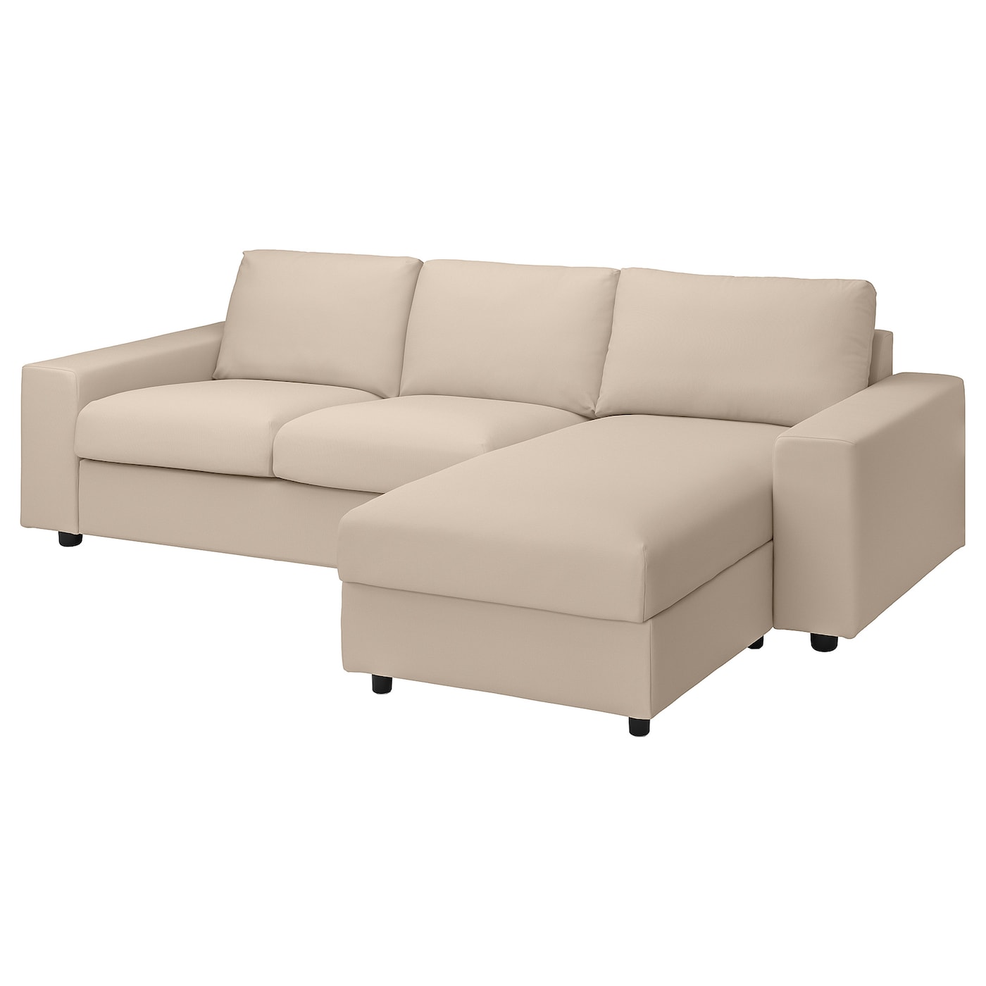 IKEA VIMLE sofa 3-osobowa z szezlongiem, z szerokimi podłokietnikami/Hallarp beżowy, Wysokość z poduchami oparcia: 83 cm