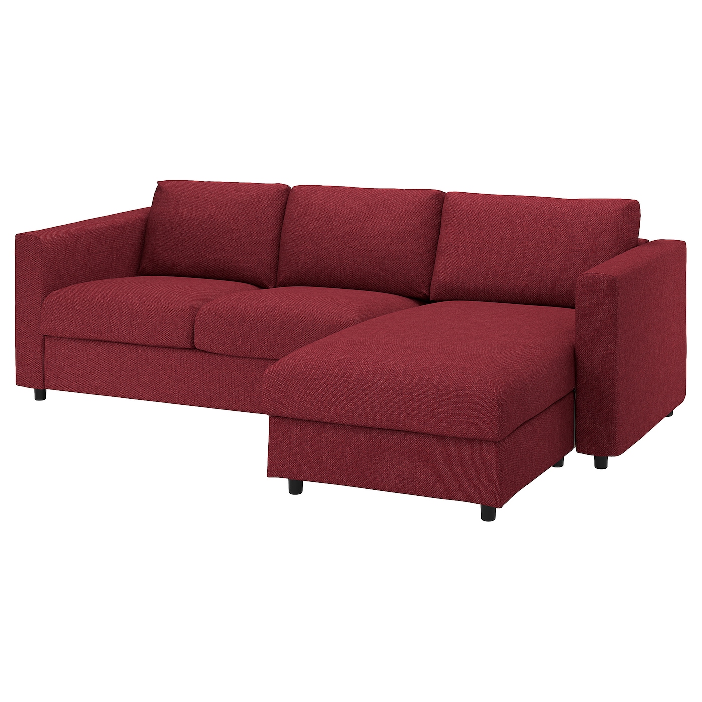IKEA VIMLE sofa 3-osobowa, z szezlongiem/Lejde czerwony/brązowy, Wysokość z poduchami oparcia: 83 cm