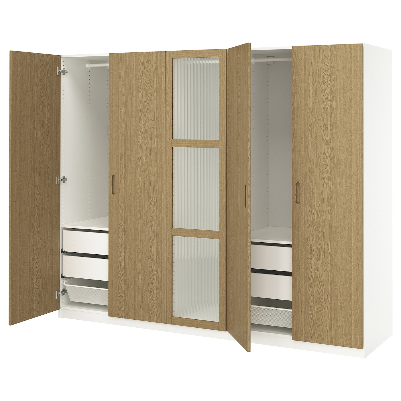 IKEA PAX / TONSTAD kombinacja szafy, biały/okl dęb szkło, 250x60x201 cm
