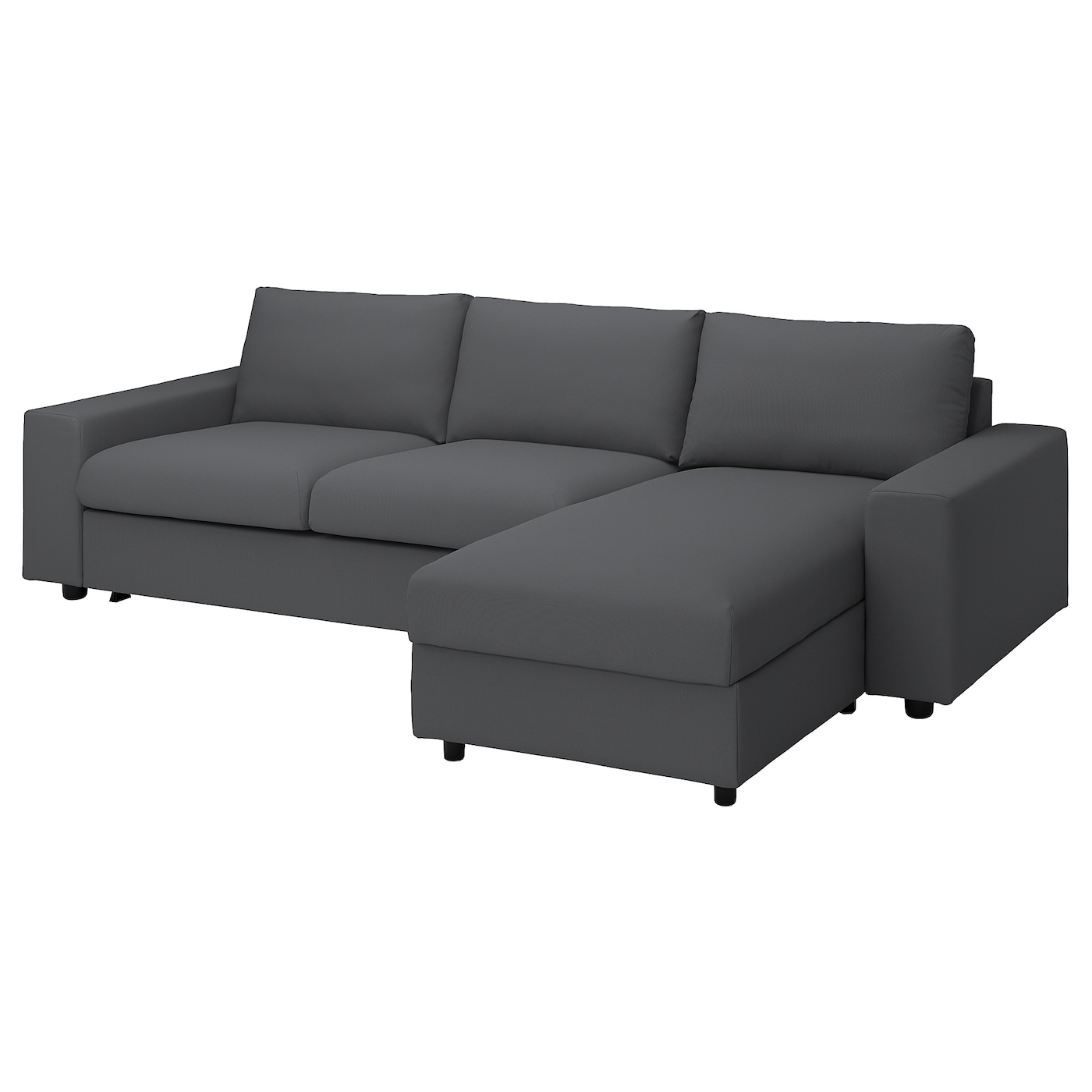 IKEA VIMLE 3-os sofa rozkładana z szezlongiem, z szerokimi podłokietnikami/Hallarp szary, Wysokość łóżka: 53 cm