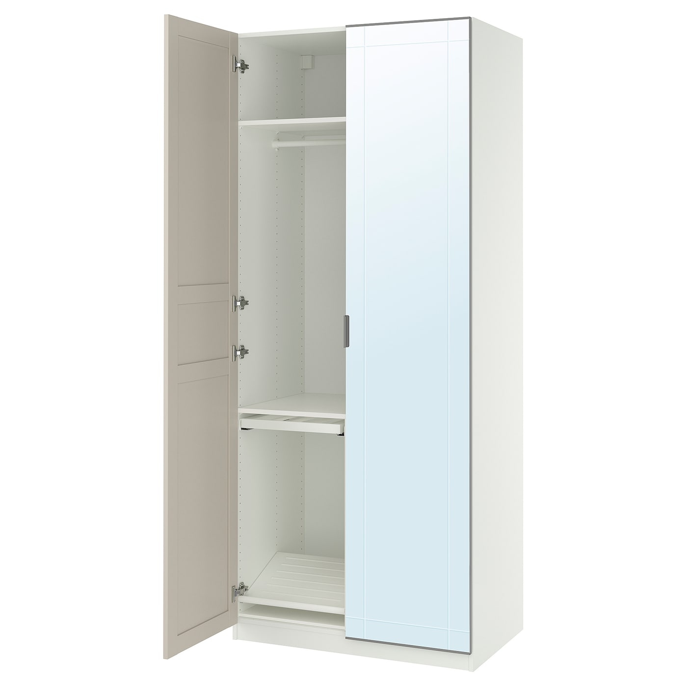 IKEA PAX / KAMMARTORP/FLISBERGET kombinacja szafy, biały lustro/szary jasnobeżowy, 100x60x236 cm