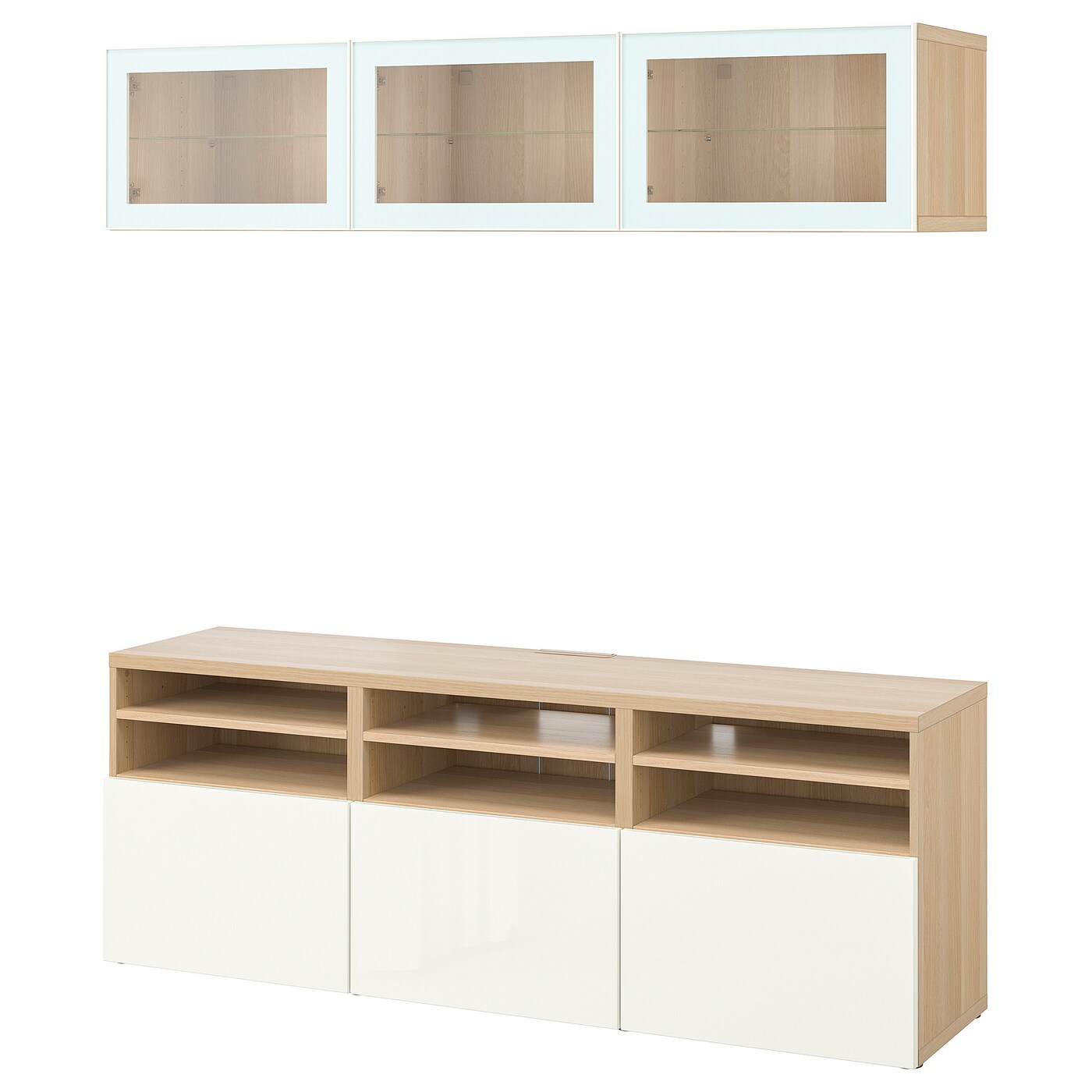 IKEA BESTÅ kombinacja na TV/szklane drzwi, imitacja dębu bejcowanego na biało/Selsviken wysoki połysk biały szkło bezbarwne, 180x42x192 cm