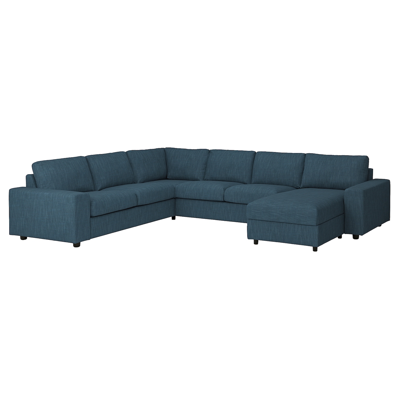 IKEA VIMLE sofa narożna 5-osobowa, z szezlongiem z szerokimi podłokietnikami/Hillared granatowy, Wysokość z poduchami oparcia: 83 cm