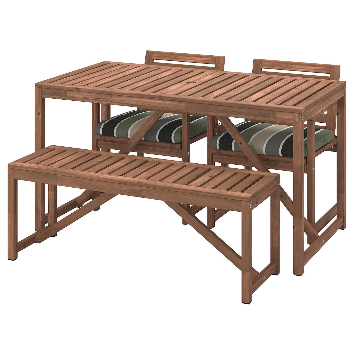 IKEA NÄMMARÖ stół+2 krzesła+ława, na zewnątrz, Nämmarö bejca jasnobrązowa/Frösön/Duvholmen wzór w paski