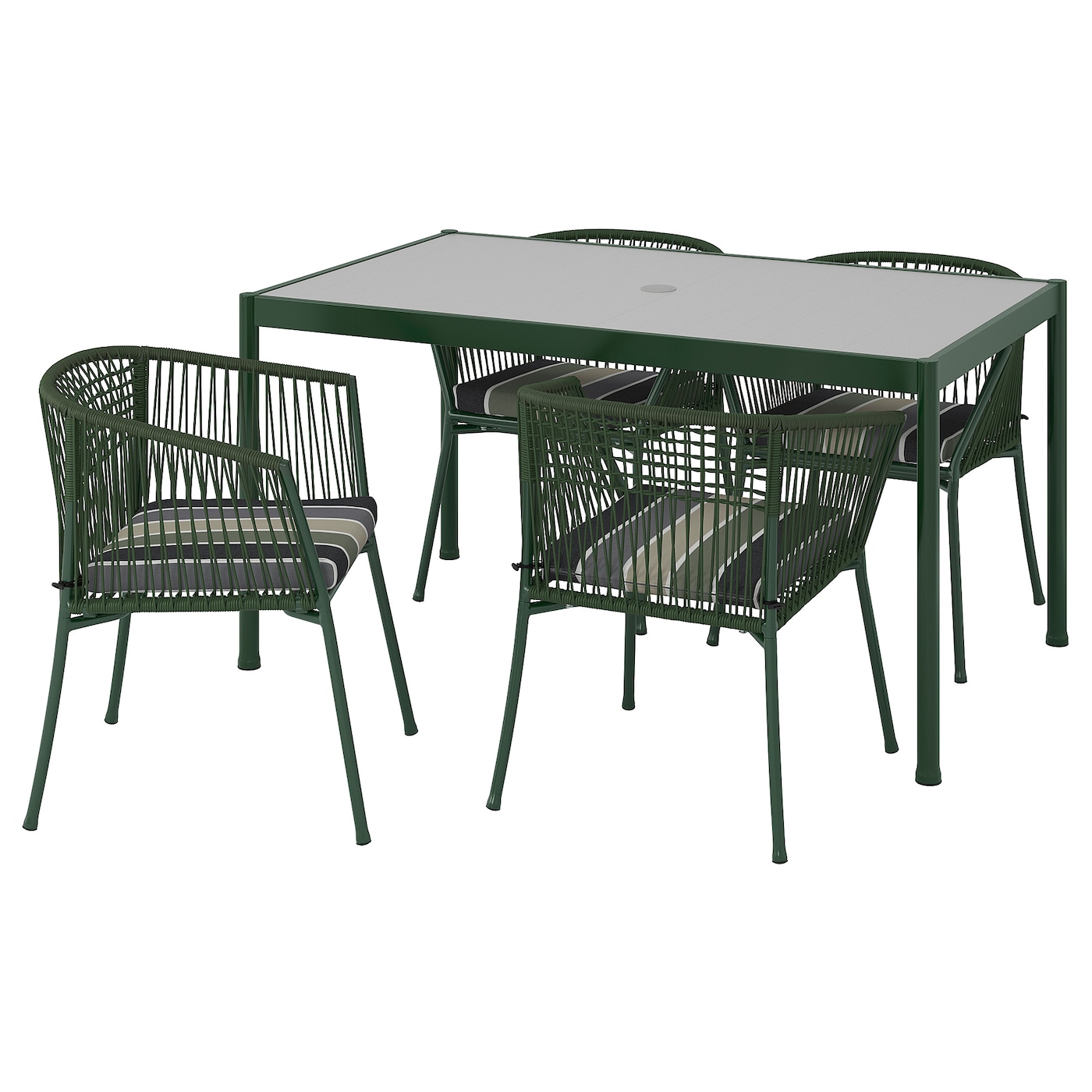 IKEA SEGERÖN stół + 4 krzesła z podłokietnikami, Segerön zewnętrzne ciemnozielony/Frösön/Duvholmen wzór w paski, 147 cm