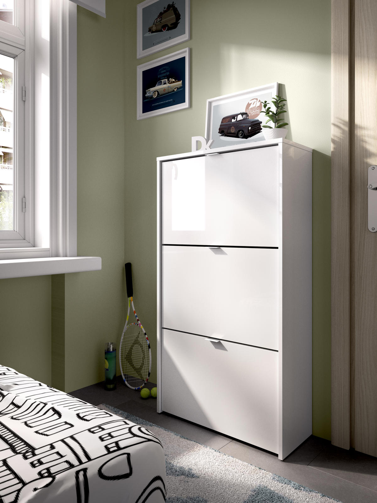 Biały stojak na buty w minimalistycznym projekcie Jazz, błyszczący biały wysoki