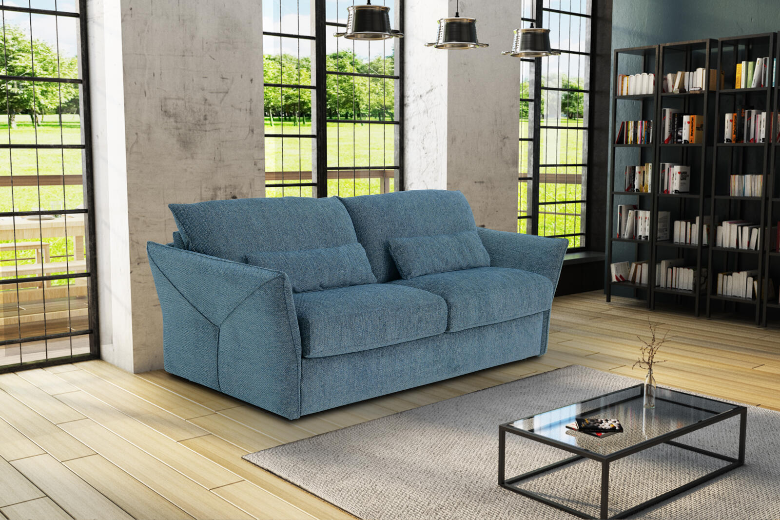 Sofa rozkładana tapicerowana niebieska Calane pojedyncza