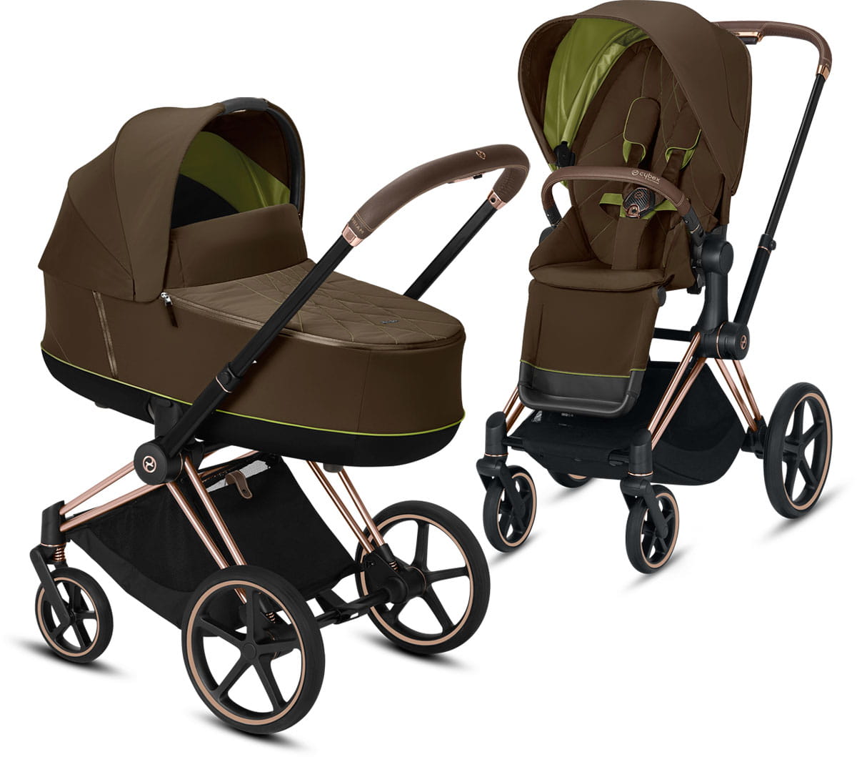 Cybex, Priam 2.0 - wózek spacerowy z gondolą Lux-Khaki Green-Chrome z brązową rączką
