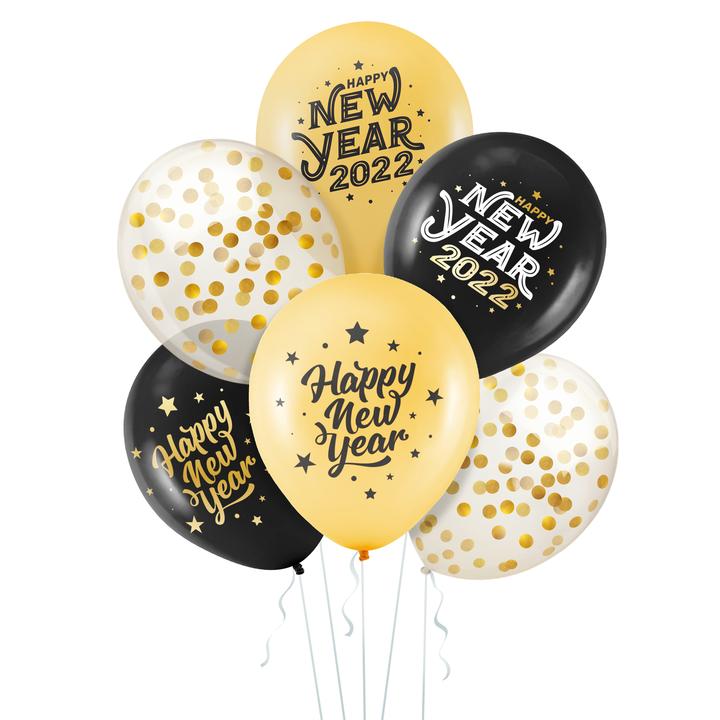 Zestaw balonów z konfetti - Happy New Year, Nowy Rok, 30cm, złoto - czarne (1 op. / 6 szt.)