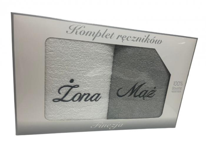 Komplet ręczników Mąż Żona 2 x 70x140 100% bawełna wz. biały - szary