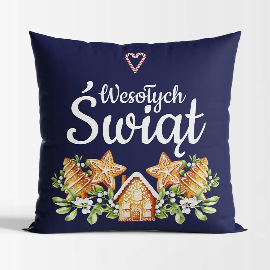 Poduszka WESOŁYCH ŚWIĄT 40x40 cm granatowa PIERNIKI - Idealny Prezent