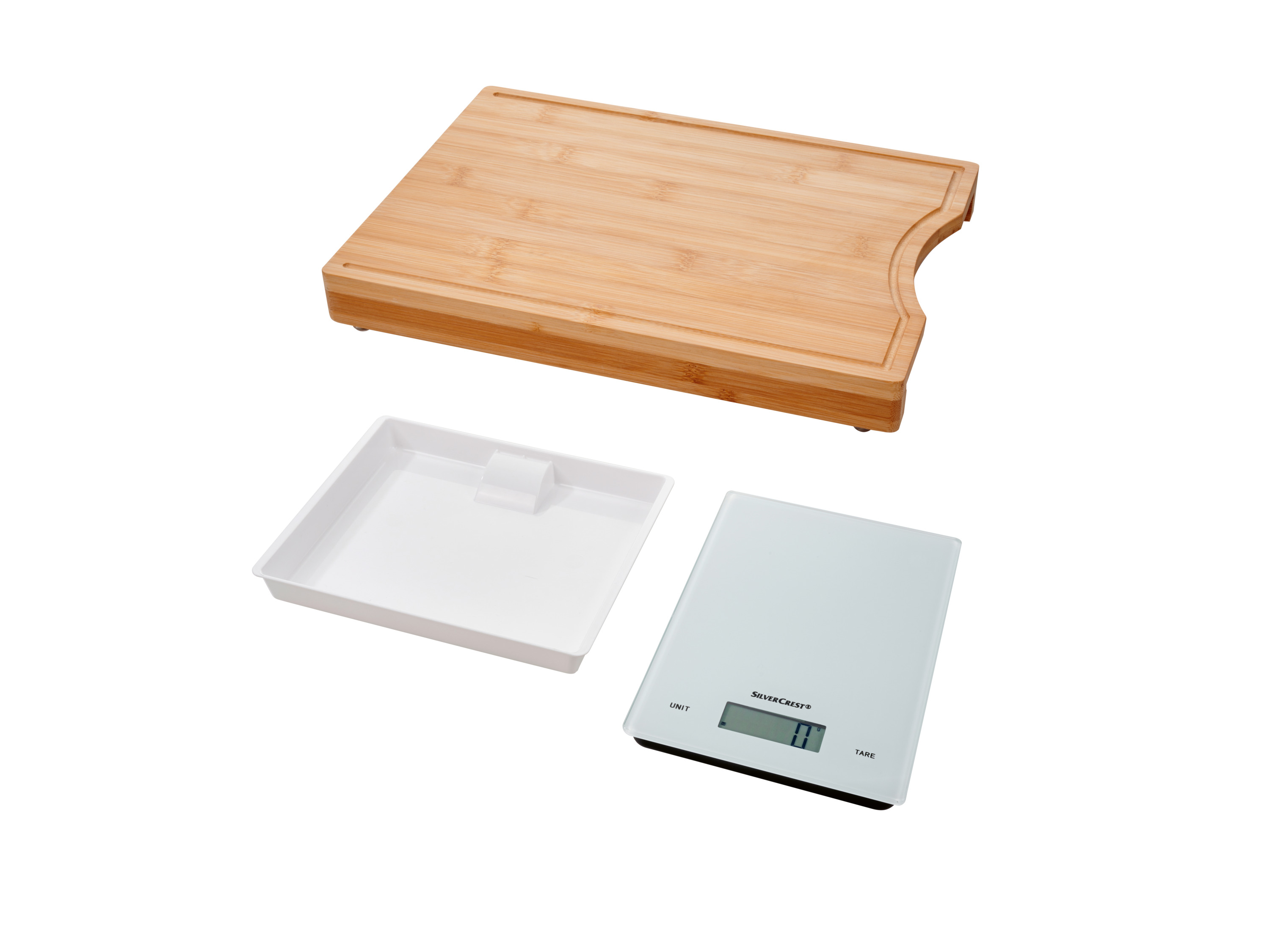 Silvercrest Kitchen Tools Bambusowa deska do krojenia z wyjmowaną szklaną wagą cyfrową i tacką ociekową