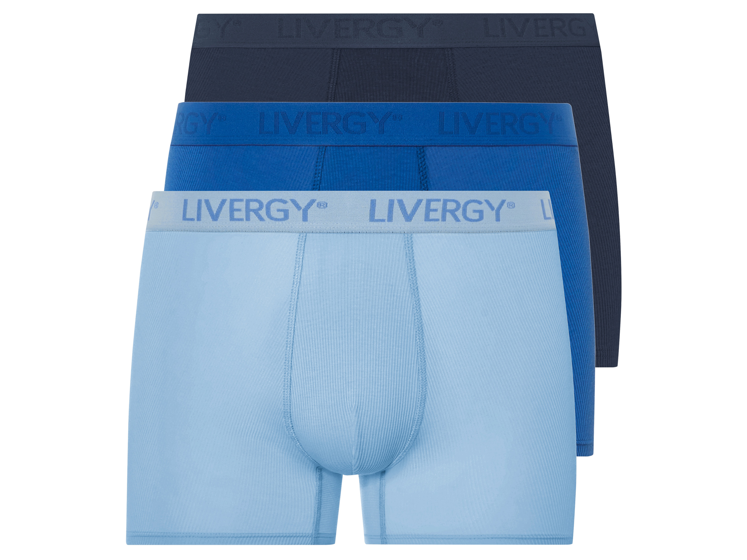 Livergy Bokserki prążkowane męskie, 3 pary Jasnoniebieski/niebieski/granatowy, 8/Xxl