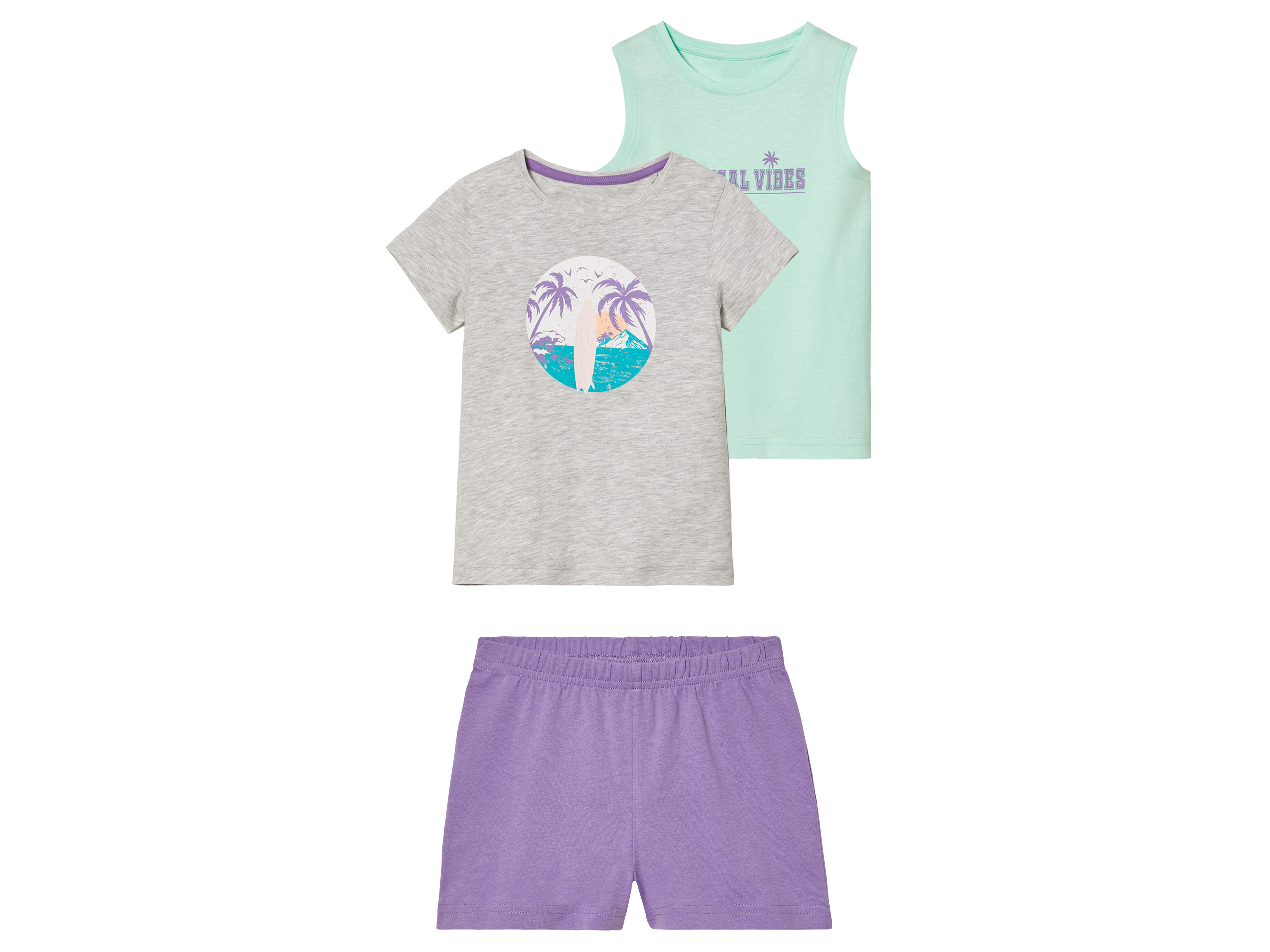 lupilu Komplet dziecięcy z bawełną t-shirt + top + spodenki 98 - 104, Szary/miętowy/fioletowy