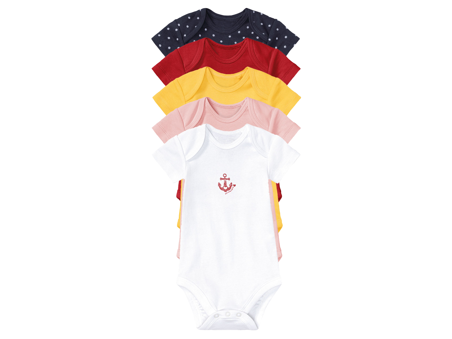 lupilu Body niemowlęce z biobawełny, 5 sztuk 74/80, Biały/żółty/czerwony/różowy/granatowy