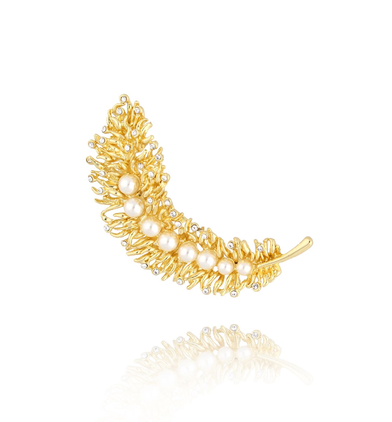Broszka złote piórko z perłami Feather BRSS0113 - By Dziubeka