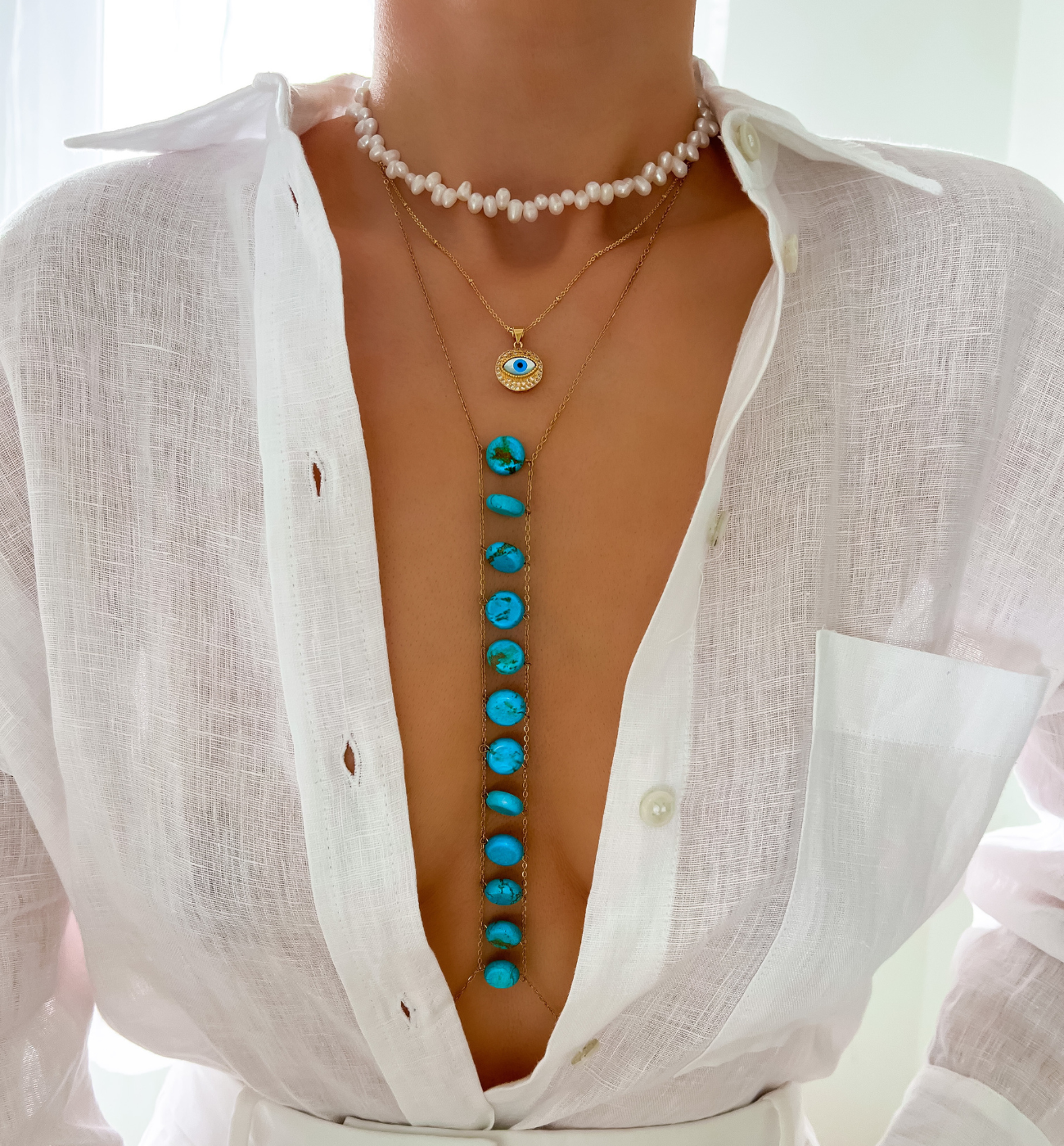 Naszyjnik na ciało z turkusami body chain Trinidad - By Dziubeka