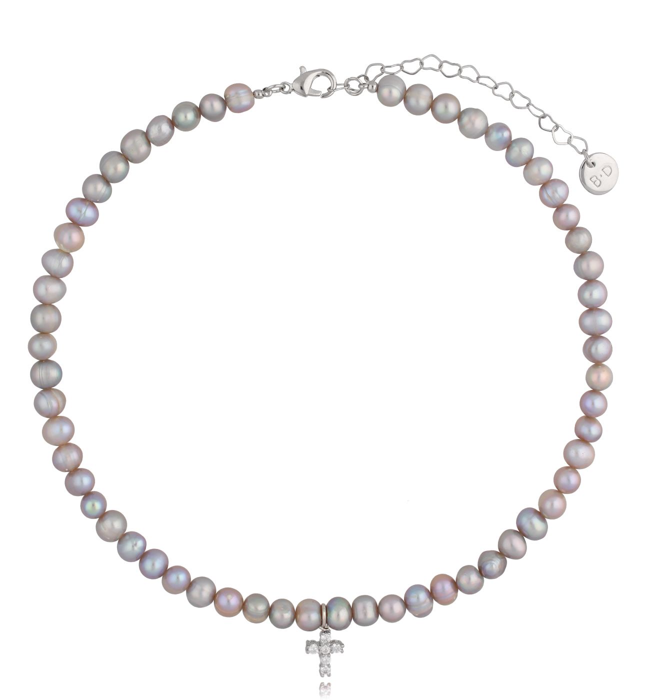 Naszyjnik z szarych pereł z zawieszką - krzyżyk Double Silver Pearls - By Dziubeka