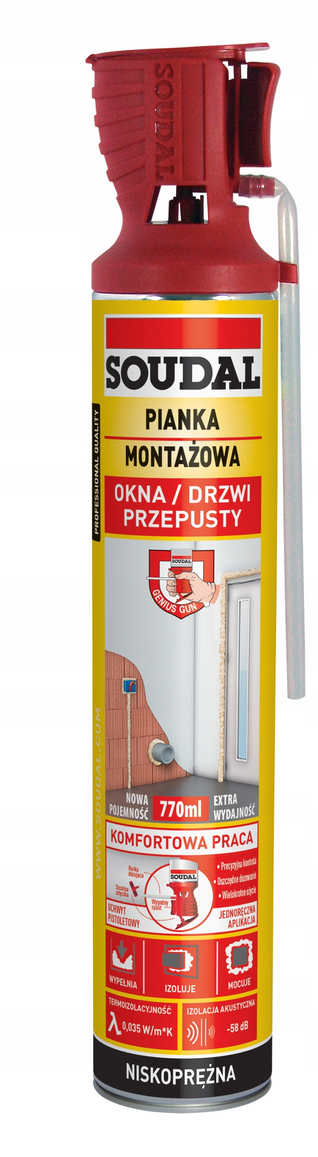 SOUDAL GENIUS GUN PIANKA MONTAŻOWA Z APLIKATOREM NISKOPRĘŻNA 770ML - Petrostar