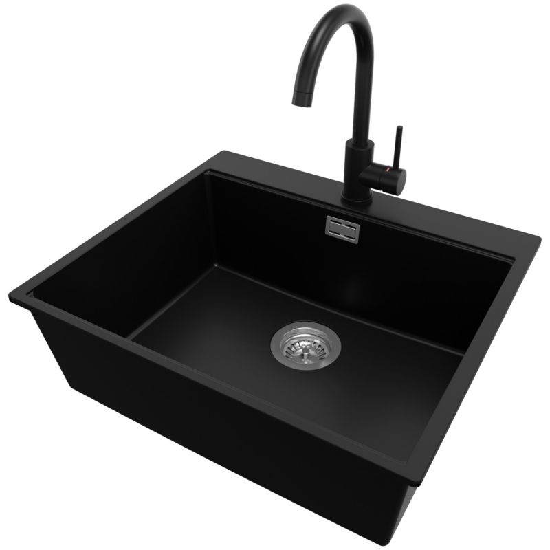 Zlewozmywak Granitowy Oslo PRIMAGRAN Nablatowy 58x50cm do szafki od 60cm z Syfonem i Baterią Czarny 1 szt.