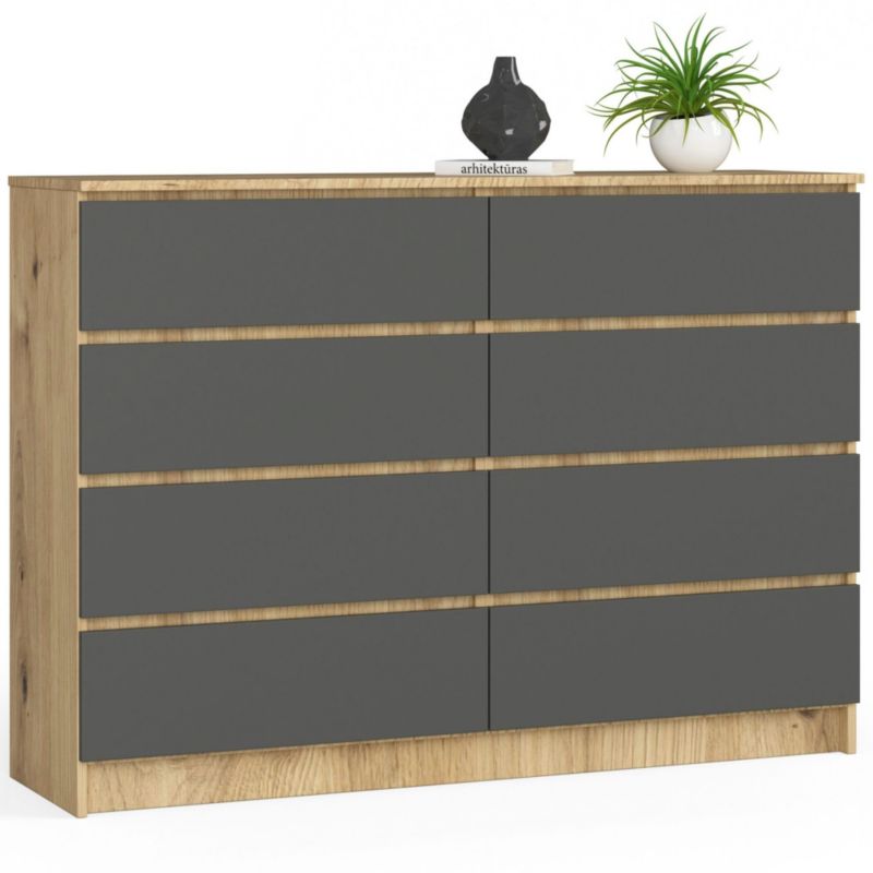 Komoda Akord K140 Dąb Artisan 138 cm 8 szuflad kolor Grafit Szary mat 138x40x99 cm 1 szt.