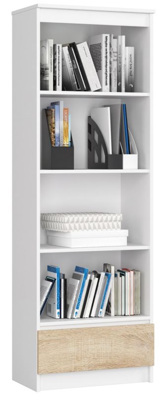 Regał Akord R60 Biały 60 cm 1 szuflada kolor Dąb Sonoma mat 4 półki 60x35x180 cm 1 szt.