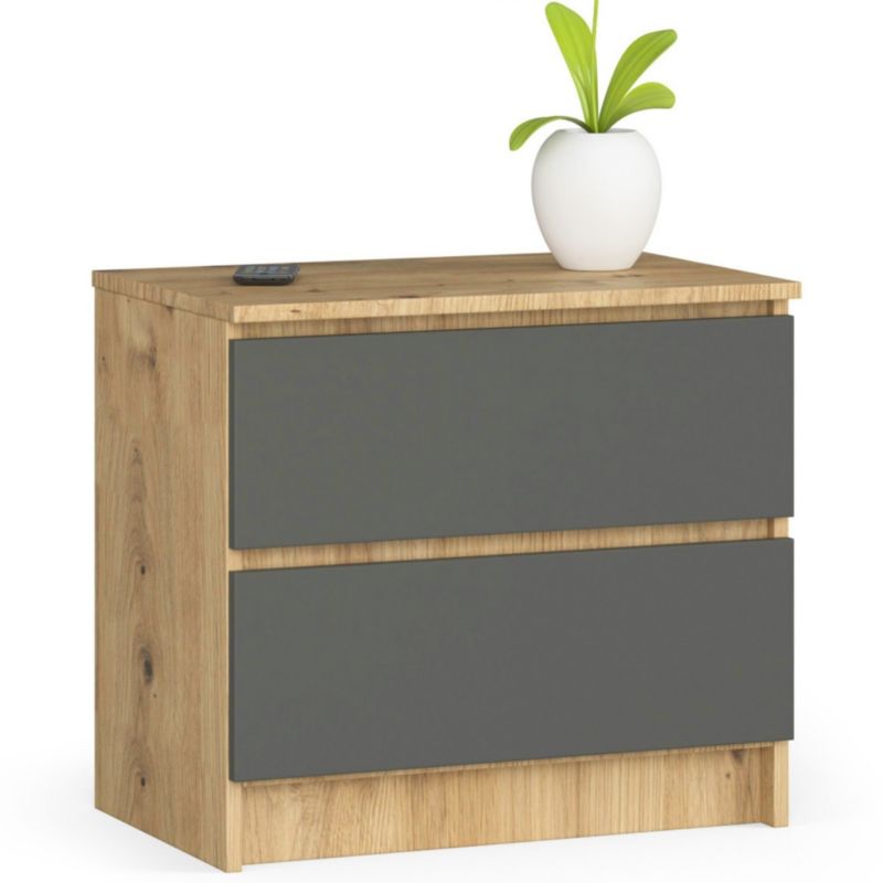 Szafka nocna Akord K60 Dąb Artisan 60 cm 2 szuflady kolor Grafit Szary mat 60x40x55 cm 1 szt.