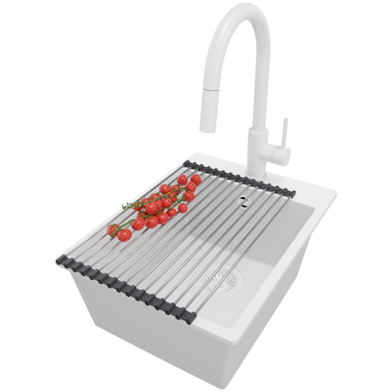 Zlewozmywak Granitowy Ryga PRIMAGRAN Nablatowy 38x50cm do szafki od 40cm z Syfonem i Baterią i Dodatkiem Cały Biały 1 szt.