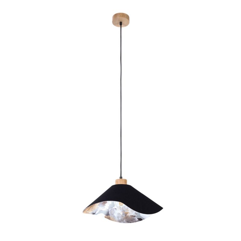 Drewniana Lampa Wisząca SPOT Light 1xE27 Max.40W Dąb Olejowany FSC z Czarnym Abażurem w Kwiecistwy Wzór, 1 szt.