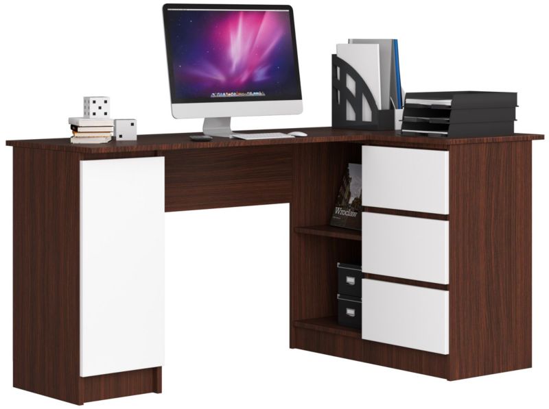 Biurko narożne Akord B20 Wenge 155 cm prawe 1 drzwi 3 szuflady kolor Biały mat 4 półki 155x85x77 cm 1 szt.