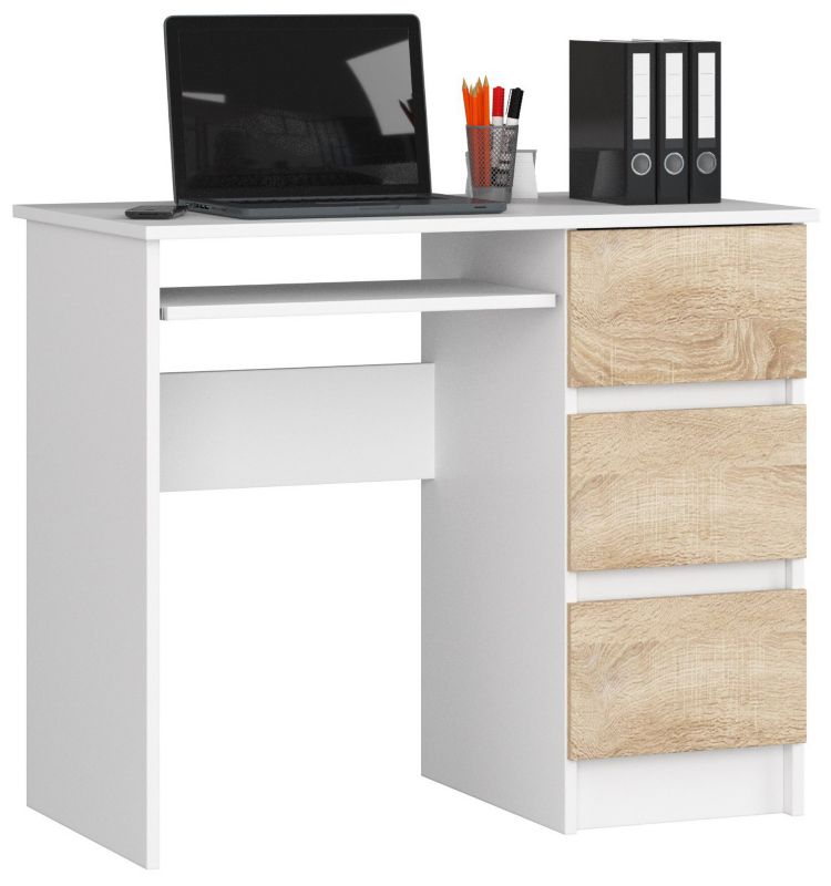 Biurko komputerowe Akord A6 Białe 90 cm prawe 3 szuflady kolor Dąb Sonoma mat 1 półka 90x50x77 cm 1 szt.