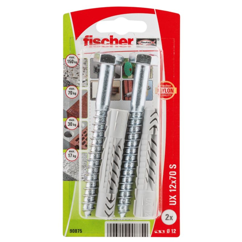 Kołki uniwersalne Fischer UX 12 x 70 mm z wkrętami kluczowymi 2 szt.