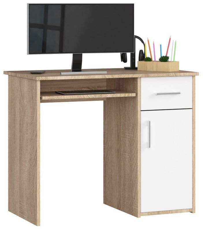 Biurko Akord Pin Dąb Sonoma 90 cm biurko komputerowe 1 drzwi 1 szuflada kolor Biały mat 3 półki 90x50x74 cm 1 szt.